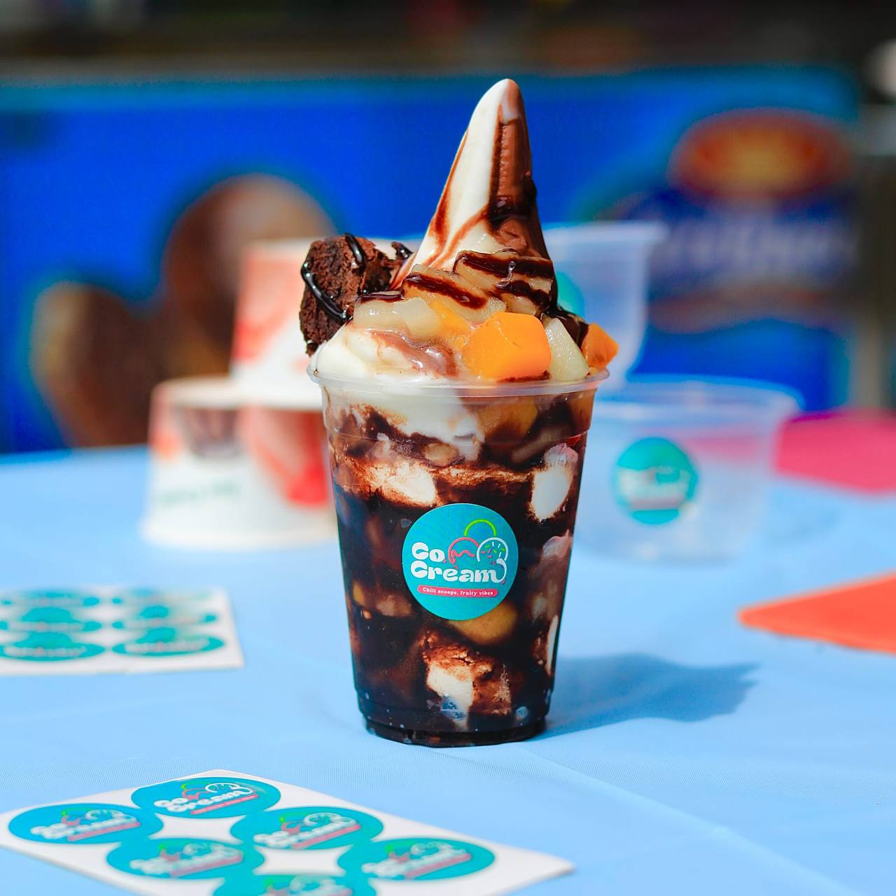 Soft Serve with Fruits and Chocolate Sauce Cup