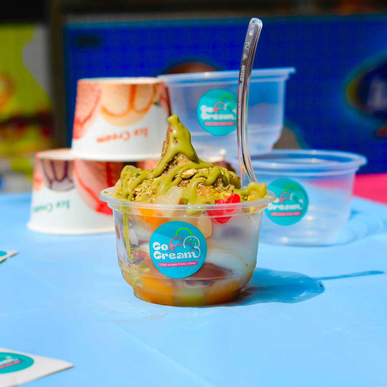 Soft Serve with Fruits and Pistachio Sauce Cup