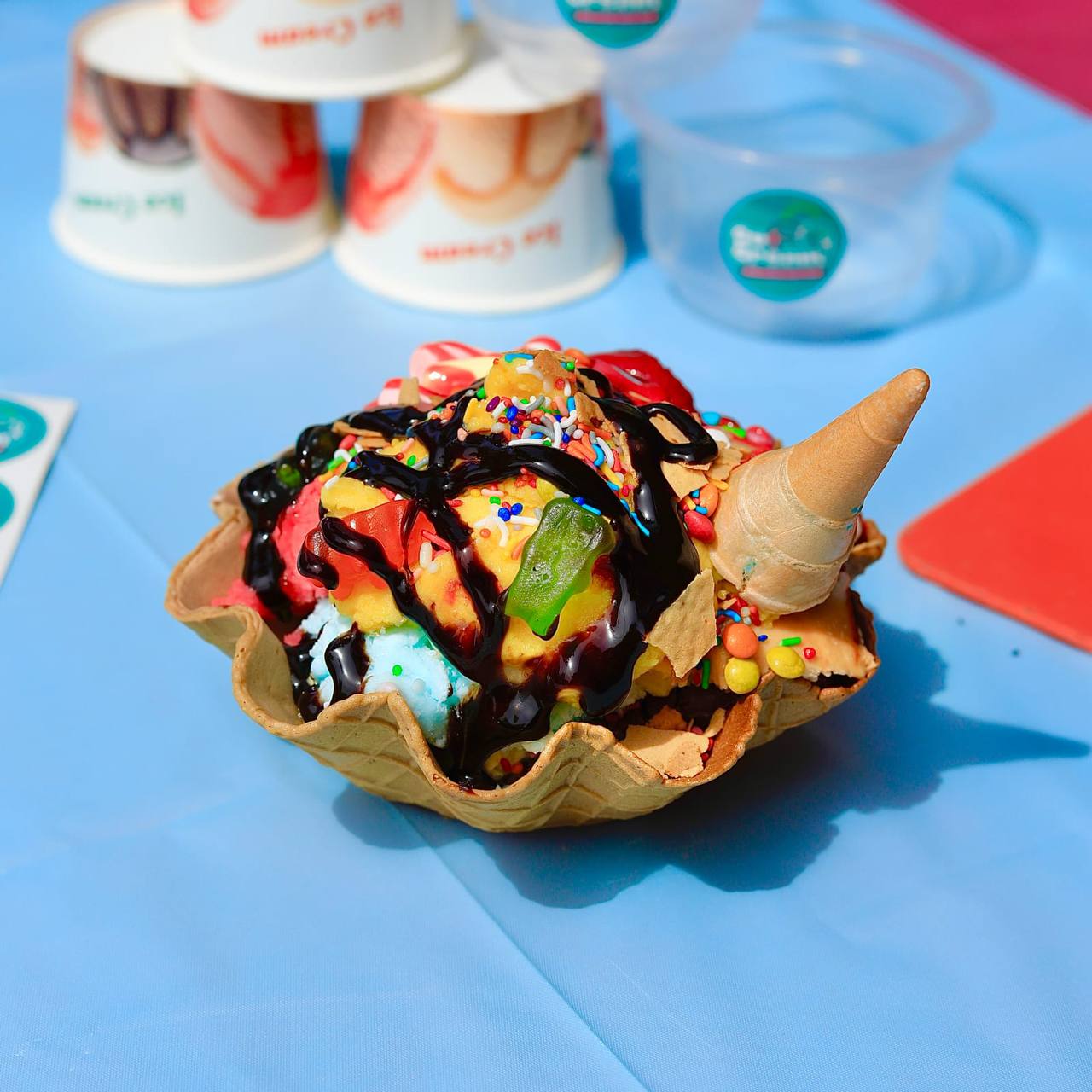 Ice Cream with Candy Toppings and Extra Sauce